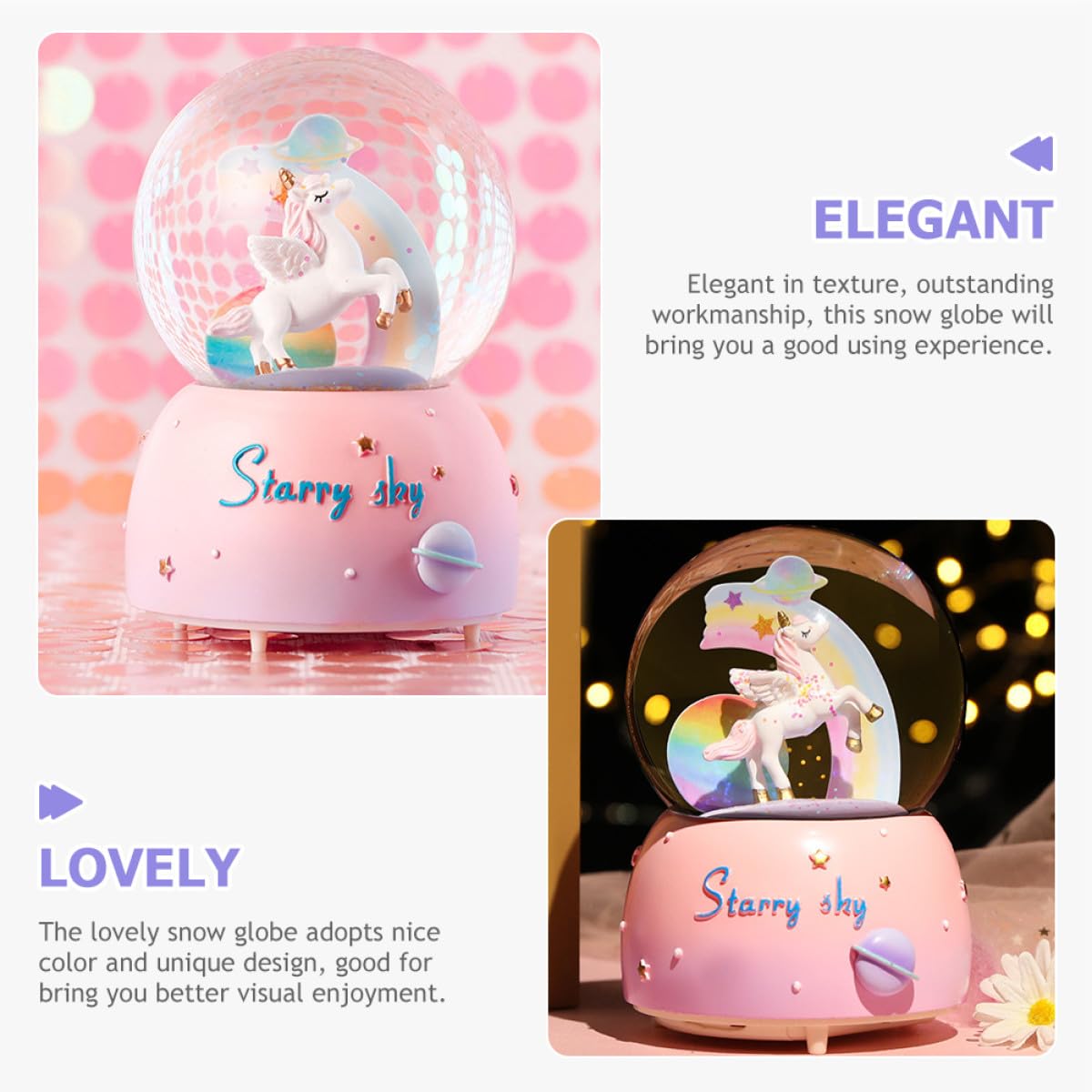 Caja de Música con Globo de Nieve Unicornio de Diseño Infantil Efecto Luz y Música Manual Decoración Navideña y Regalo Cumpleaños para Niñas Ambiente Romántico y Festivo