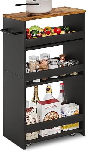 TEAMIX Carrito de almacenamiento delgado de 4 niveles con asa, carrito de almacenamiento deslizante rodante, unidad de estantería móvil, carrito