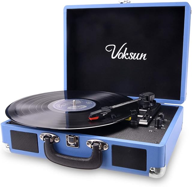 Record Player, VOKSUN Portable Bluetooth Vinyl Turntable, Built-in 2 Stereo Speakers, 3-Speed 33/45/78 RPM Suitcase Vinyl LP Player, Supports Vinyl to MP3 Recording, AUX/USB Encoding/RCA/Headphone