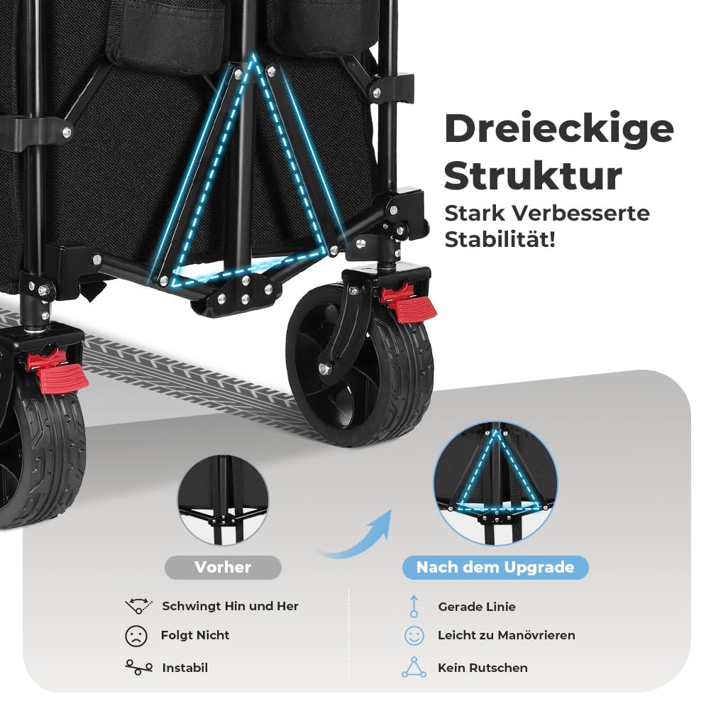 SLIDBEAT XXL Bollerwagen Faltbar 220L 200KG, Faltbarer Bollerwagen mit Bremsen, Getränkehalter Verstellbarem Griff Klappbollerwagen mit All Terrain Rädern Für Camping Outdoor Garten Shopping