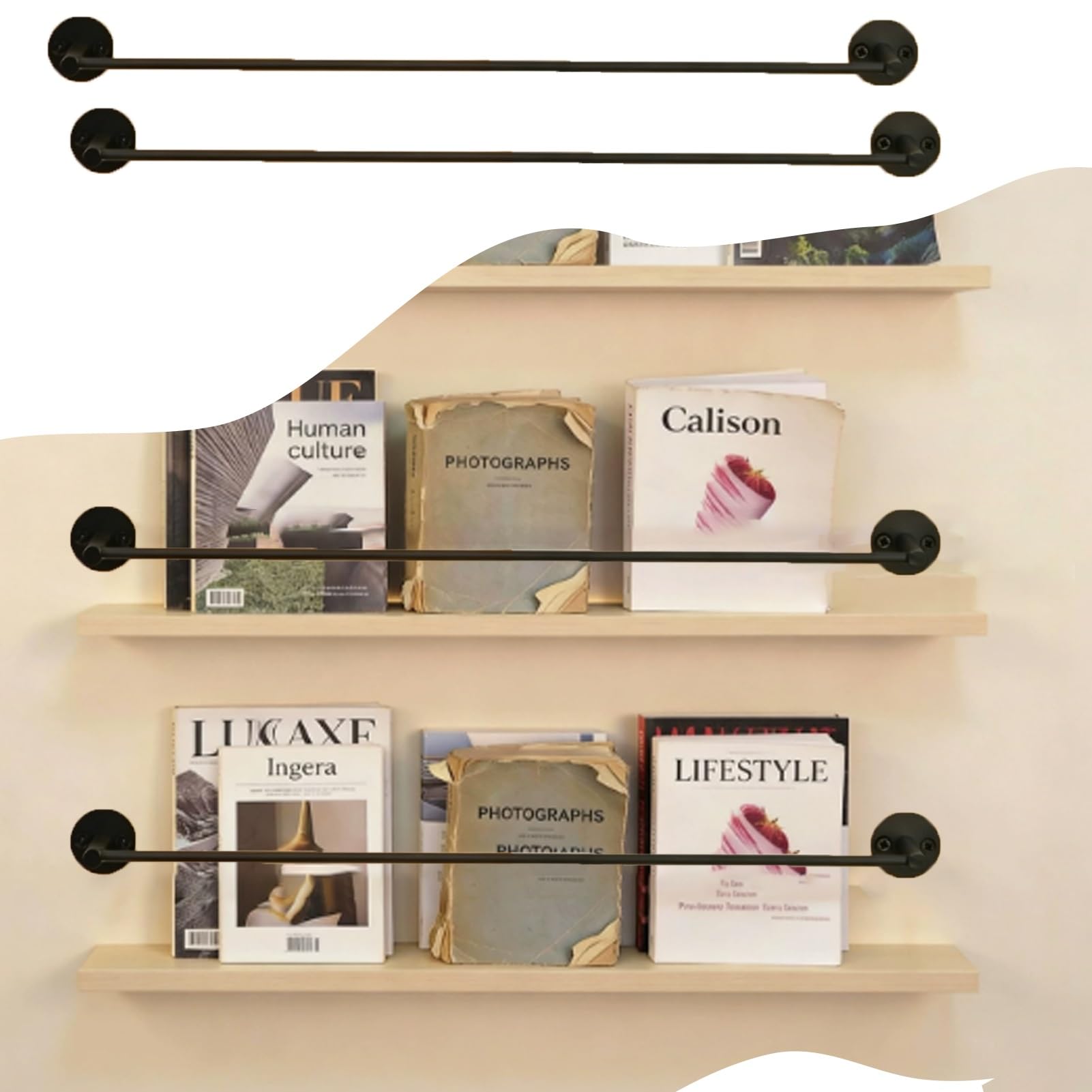 Minglez One Color Stainless Steel Shelf Guard Rail For Bookshelves, Black Anti Tipping Guardrail 2 Pack For Decor/Edge Guard, Gallery Rail Kit For Shelves(19Inch/48Cm)