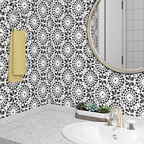 Rewallpaper Floral Black And White Wallpaper Peel And Stick Contact Paper Silhouette Flower 17.5In X 10Ft Self Adhesive Tile Pattern Wallpaper For Kitchen Bathroom Backsplash Wall Paper Sticker #TOP4