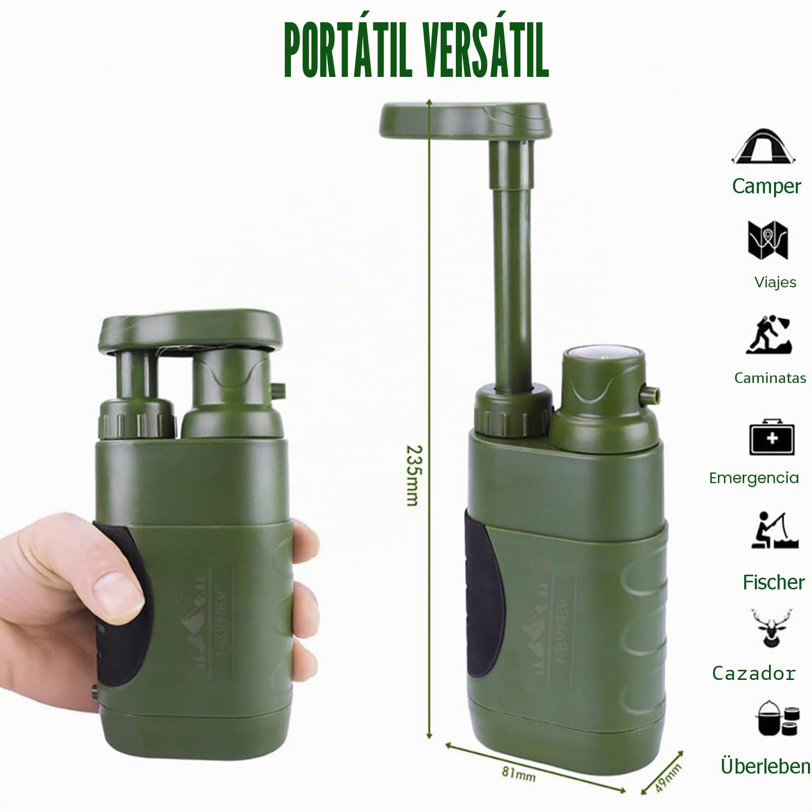 Filtro de agua para exteriores de 5000 L, filtro de agua de supervivencia, para agua potable, purificador de agua portátil para equipos de emergencia, verde ejército