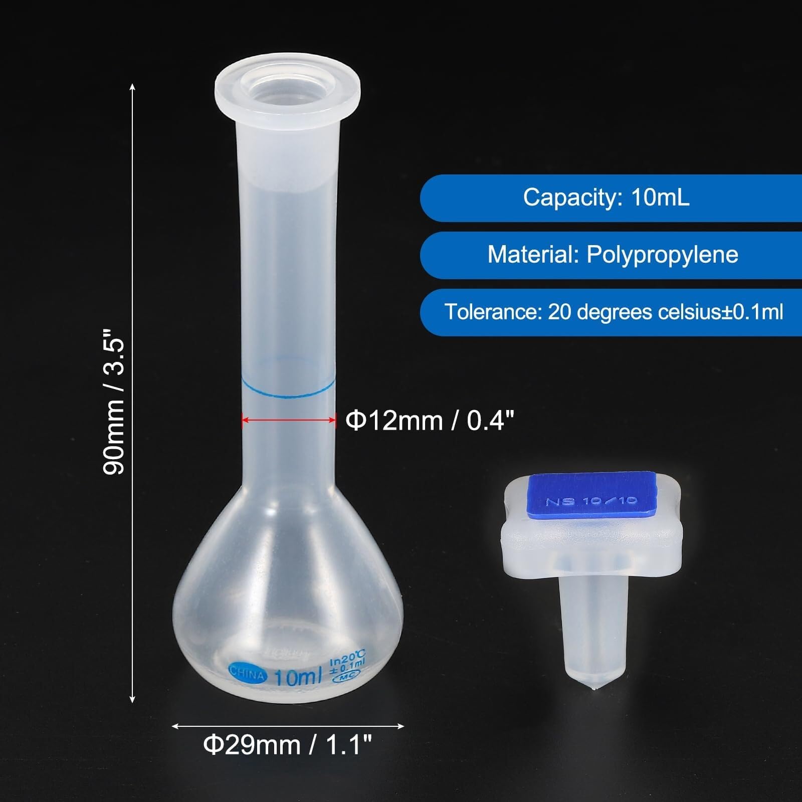 Matraz Aforado Polipropileno 250ml - Matraz de Medida Laboratorio Irrompible con Tapón y Graduación Azul(1,10ml)