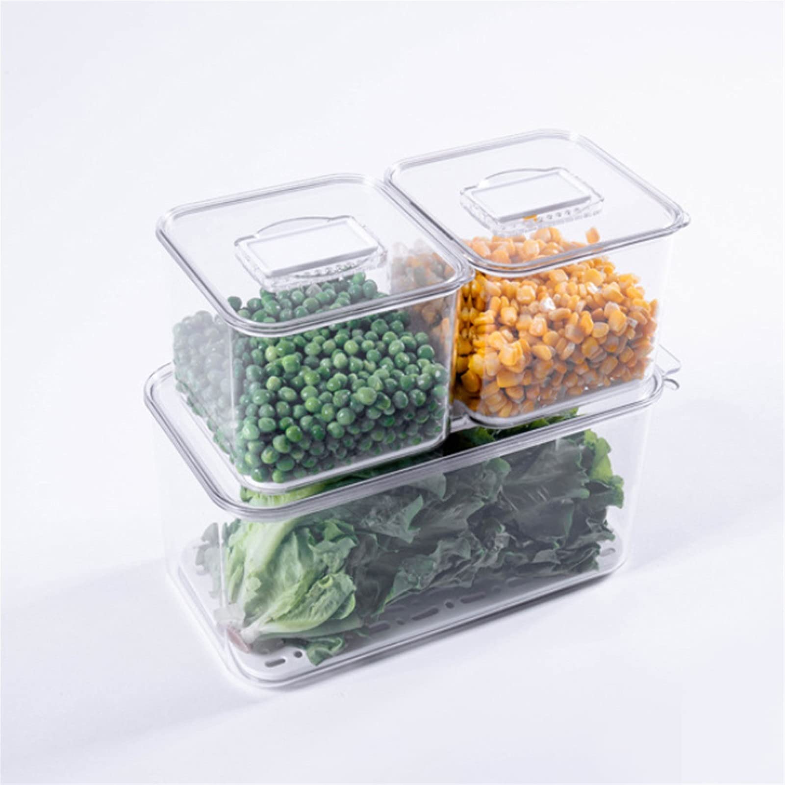 Dispensador de comida de cocina Cocina refrigeradora Fruta Vegetal Drenaje Caja de almacenamiento Transparente Doble Deck Plástico Sellado Caja de almacenamiento Bin Freezer Organizer Cocina casera