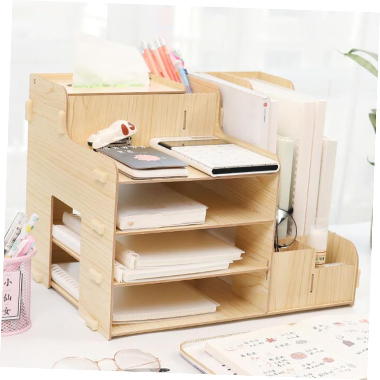 Organizador Escritorio Madera con Compartimentos Múltiples para Almacenamiento Archivos Papelería y Objetos Varios Diseño Deslizante para Oficina y Hogar