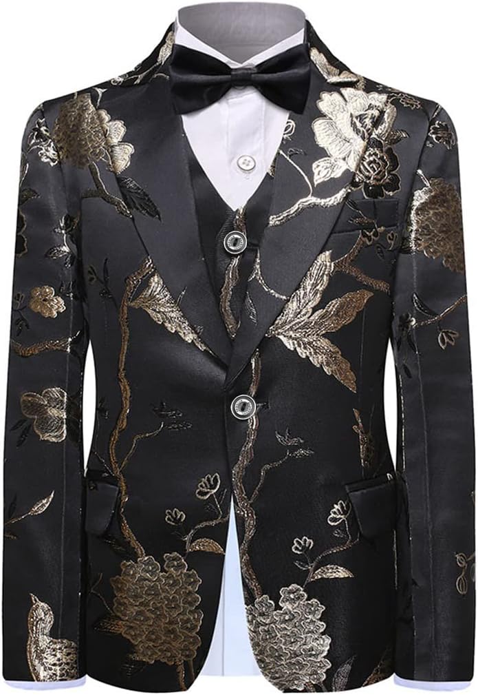 SWOTGdoby Boys Suits 3 Piece Gold Paisley Floral Suit Set Slim Fit Tuxedo Embroidery Suit Blazer Vest Pants - Image 2