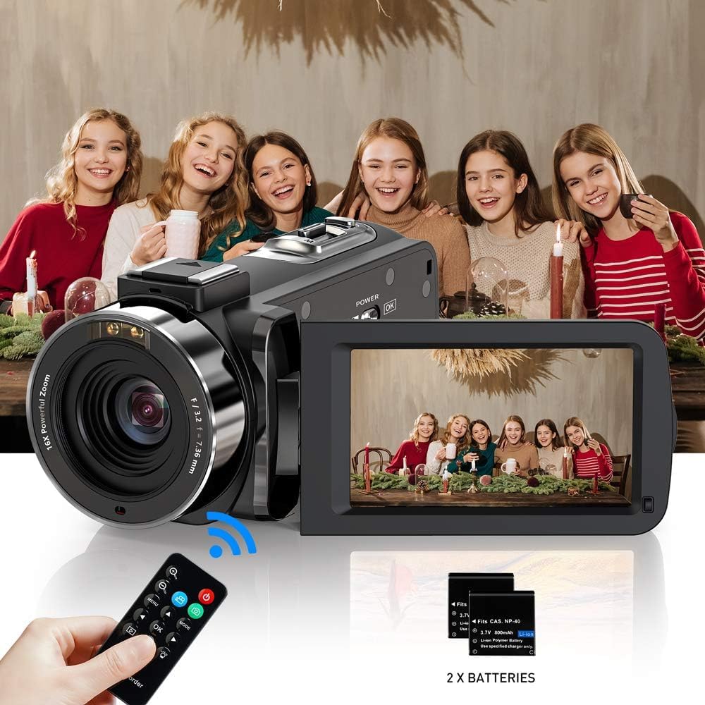 Caméscope, Camescope Numerique 1080P 36MP IR Vision Nocturne 16X Zoom Numérique 3,0 Pouces LCD 270 Degrés Ecran Rotatif Vlogging Caméra pour Youtube avec Télécommande, 2 Piles