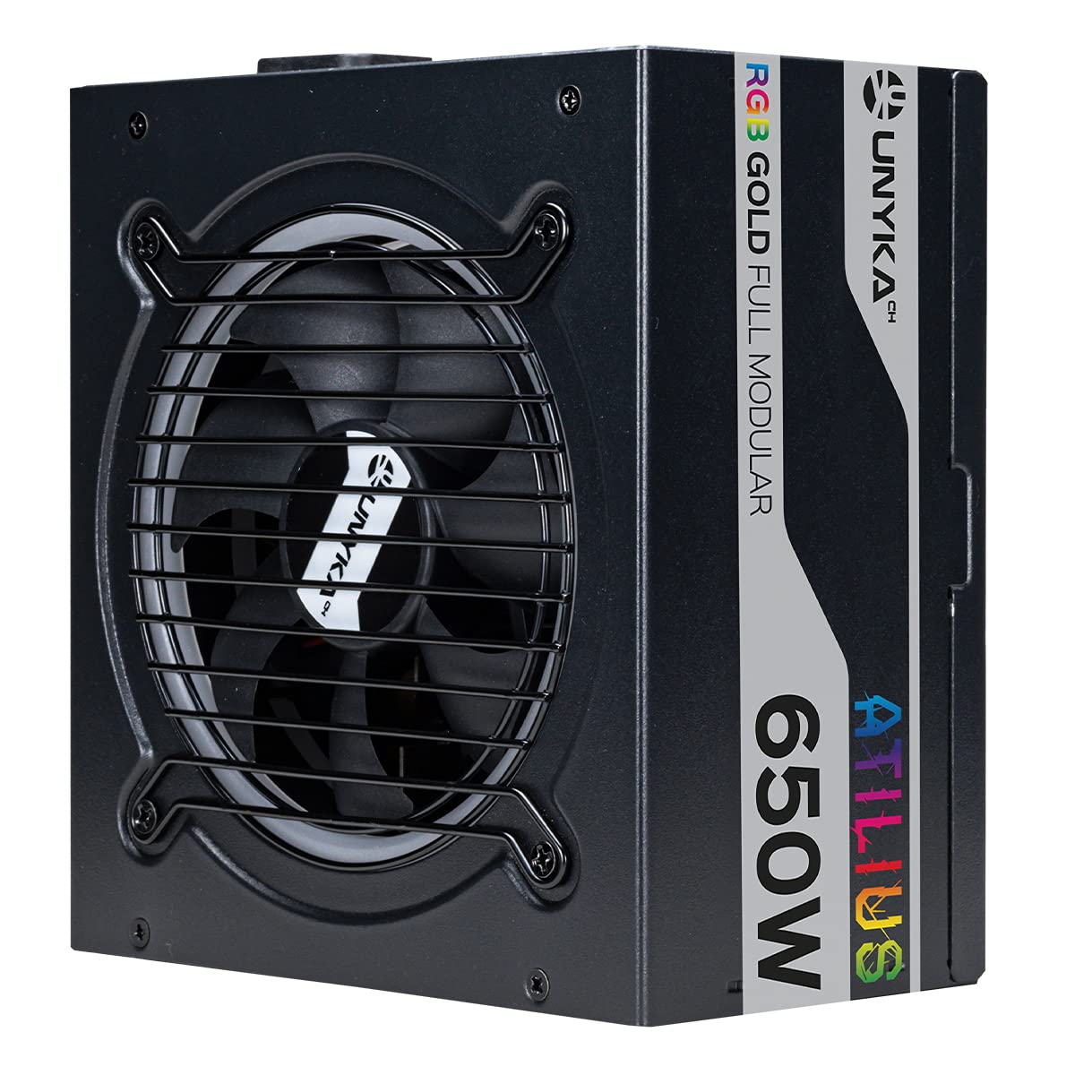UNYKAch ATX ATILIUS 650W Czarny Full Modular Zasilacz ATX z oświetleniem RGB, wydajność 90%, wentylator 120 mm, bardzo cichy i zabezpieczenie nadprądowe