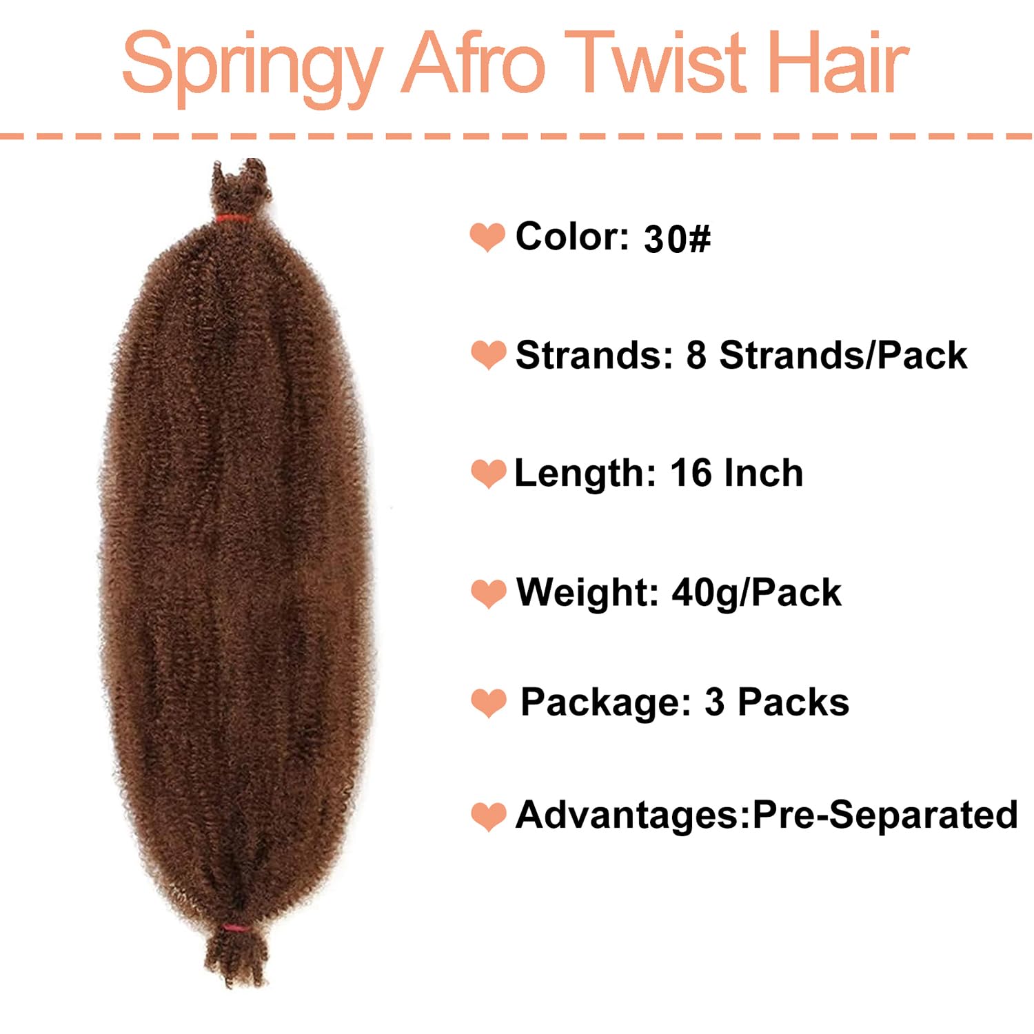Mscat 16 Inch 3 Packs Pre-Separated Springy Afro Twist Hair for Marley Twist Crochet Braiding Synthetic Hair Extensions (8 Strands/Pack,30#) - Image 2