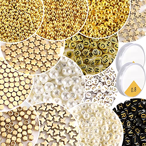 GNILLKO 2100 Pieces Spacer Beads Set, Gold Beads for Jewelry Making, Star Beads Round Ball Beads, White Pearls Round Beads, Butterfly Beads, Letter Beads, Flower Beads