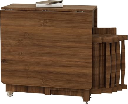 Folding Dining Table with 4 Chairs, Drop Leaf Table for Small Spaces, Multifunctional Retractable Extendable Tables with 2 Storage Drawers & 4 Wheels for Party, Living Room,Kitchen Brown