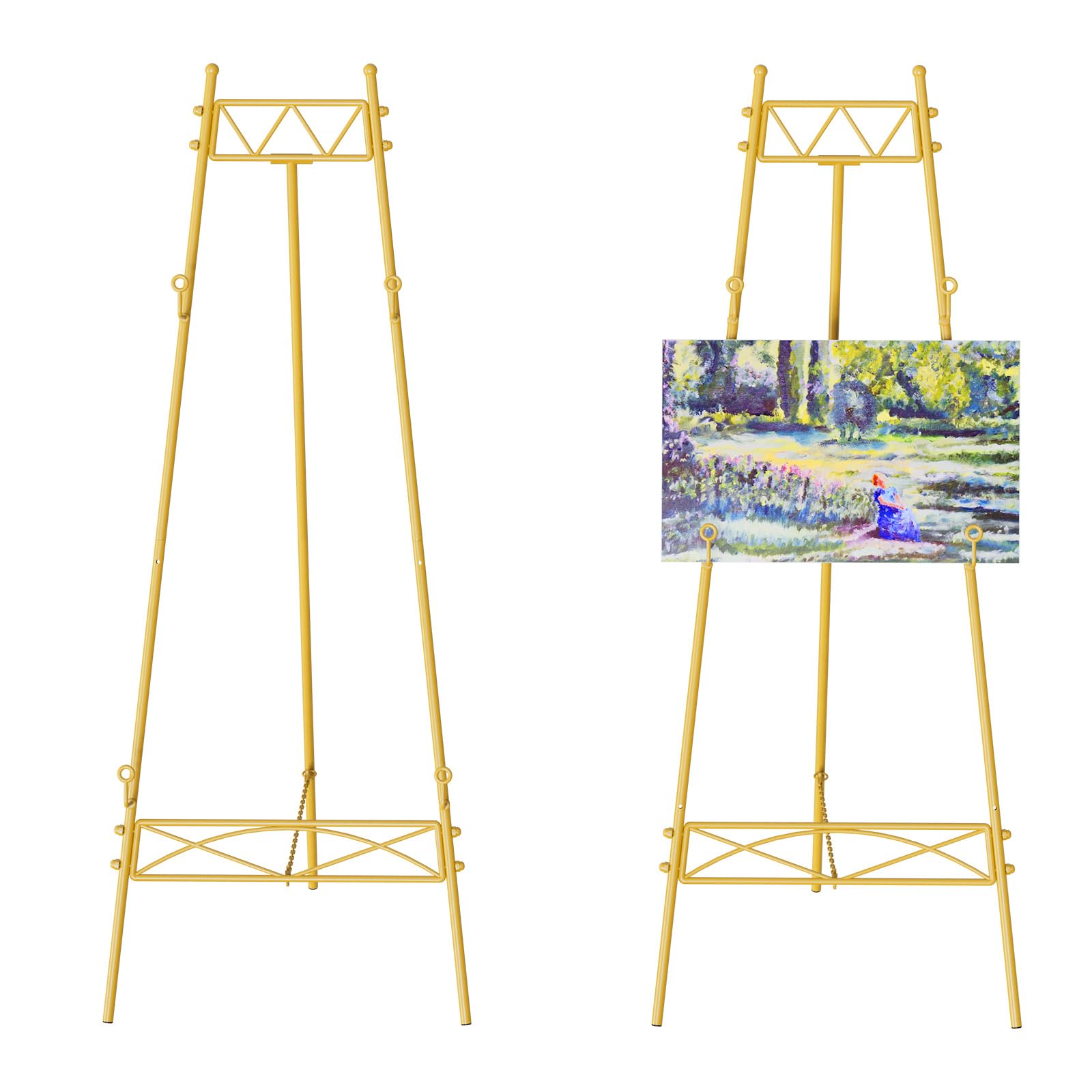 1 PCS Metal Gold Easel Stand Adjustable Display Painting Easel Gold Wedding Sign Stand Minimalistic Display Stand Floor 3 Tier Easel with Chain Support 55" x 21" x 24"