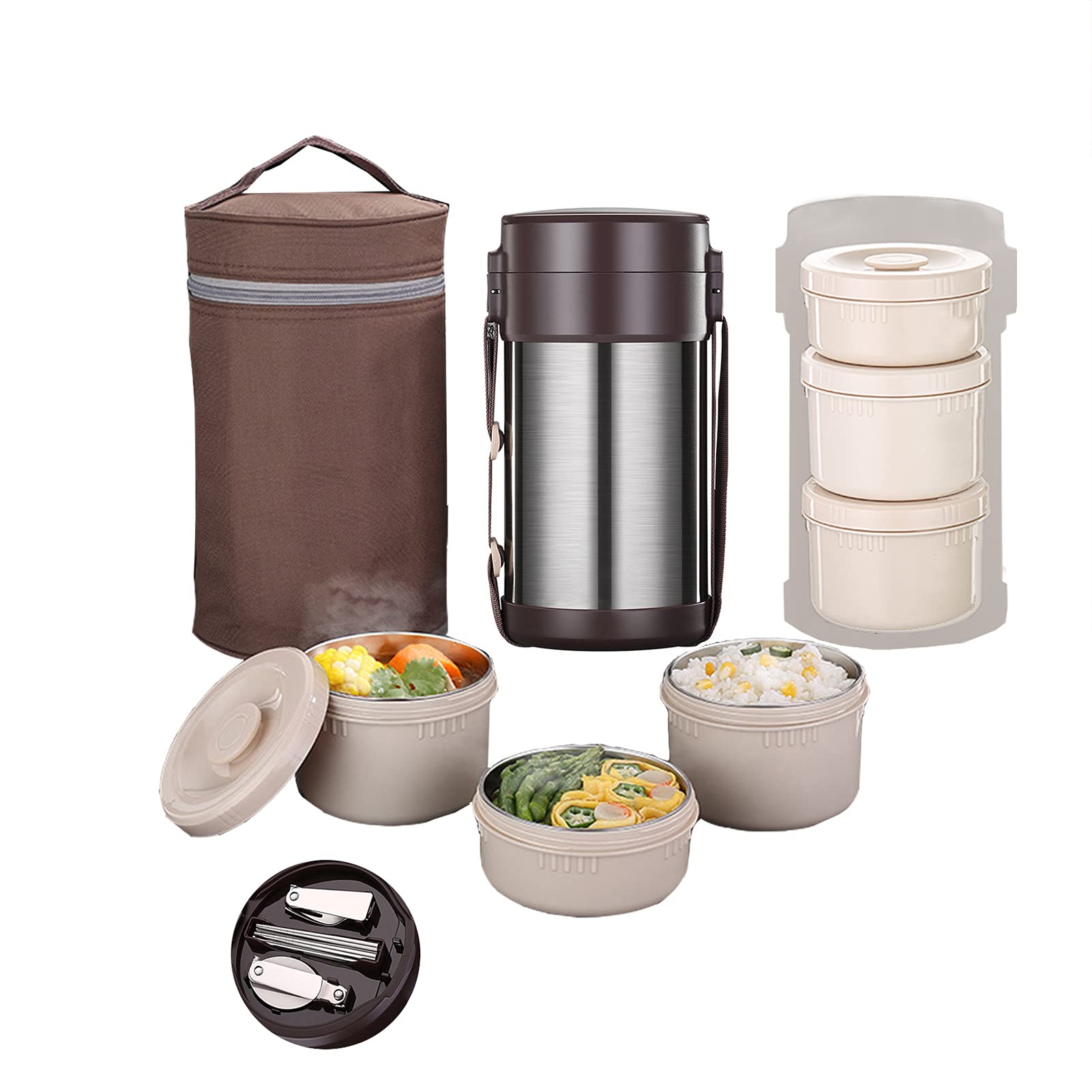 Edelstahl Thermo-Lunchbox 3 Etagen Isolierung Lebensmittelbehälter,Stapelbar Isolierbehälter Box Speisenwärmer für Essen Babynahrung Suppe Brei Obst,mit Löffel und Lunchtasche,2.3L + 3 Layers