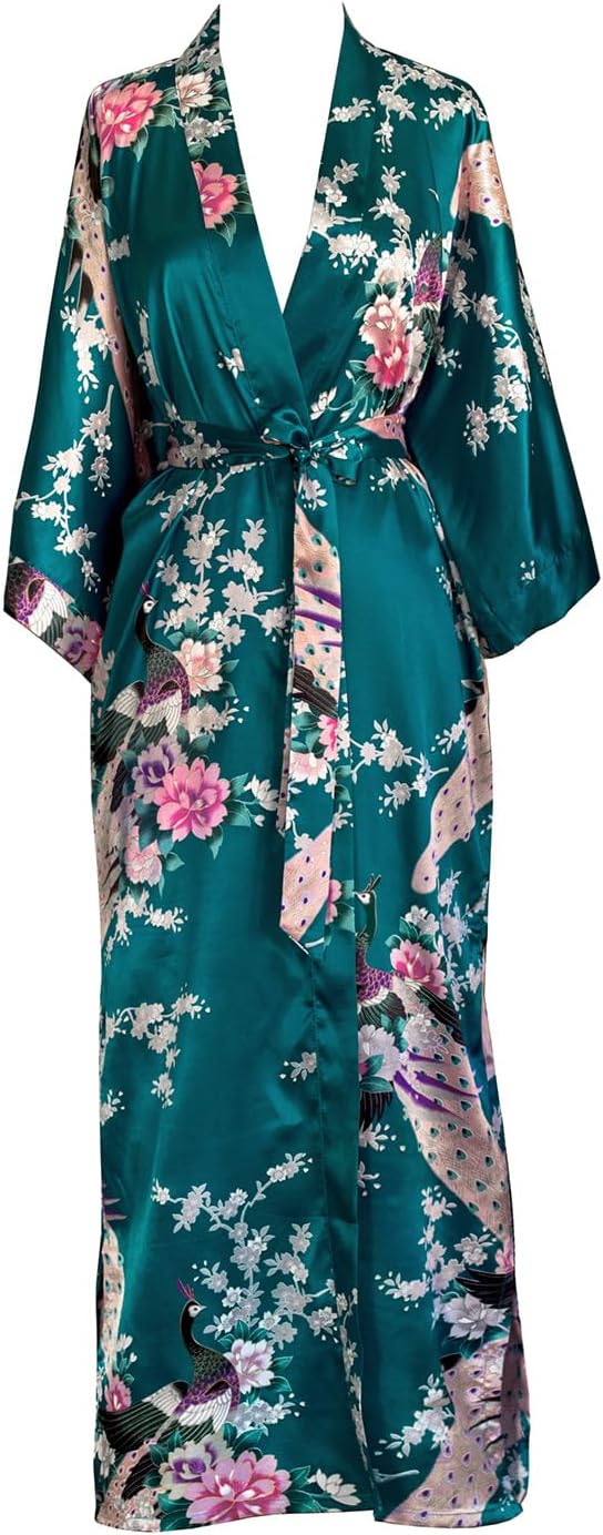 Old Shanghai Women's Kimono Long Robe - Peacock & Blossoms - Peacock (on-seam pocket)