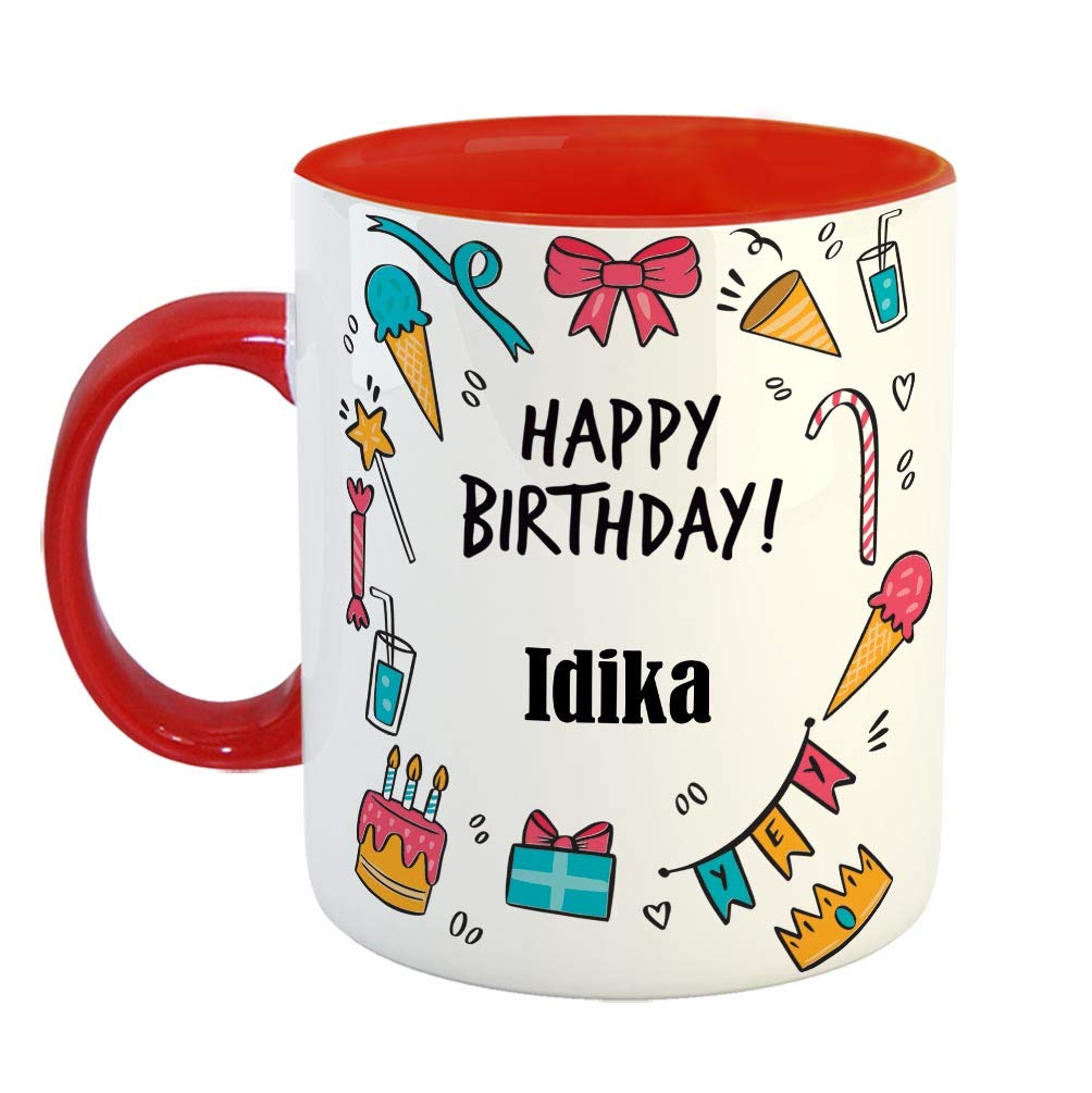 FurnishFantasy Ceramic Coffee Mug - Best Gift for Happy Birthday Mug , Color - Red, Name - Idika