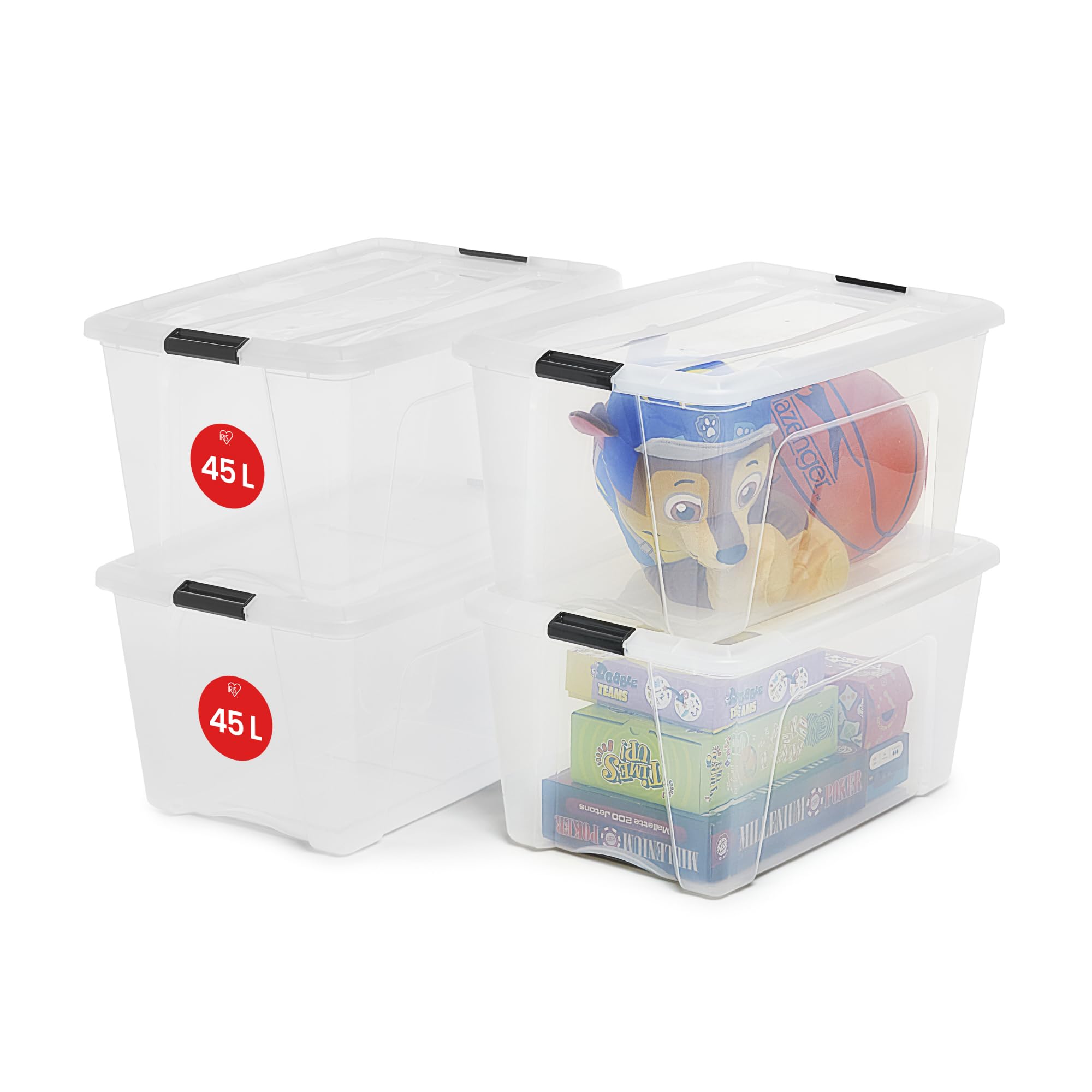Iris Ohyama, 4'lü set, istiflenebilir saklama kutuları, klik kilitli, New Top Box NTB-45 - plastik, şeffaf, 4 x 45 l, U 58 x G 39,5 x Y 30,5 cm