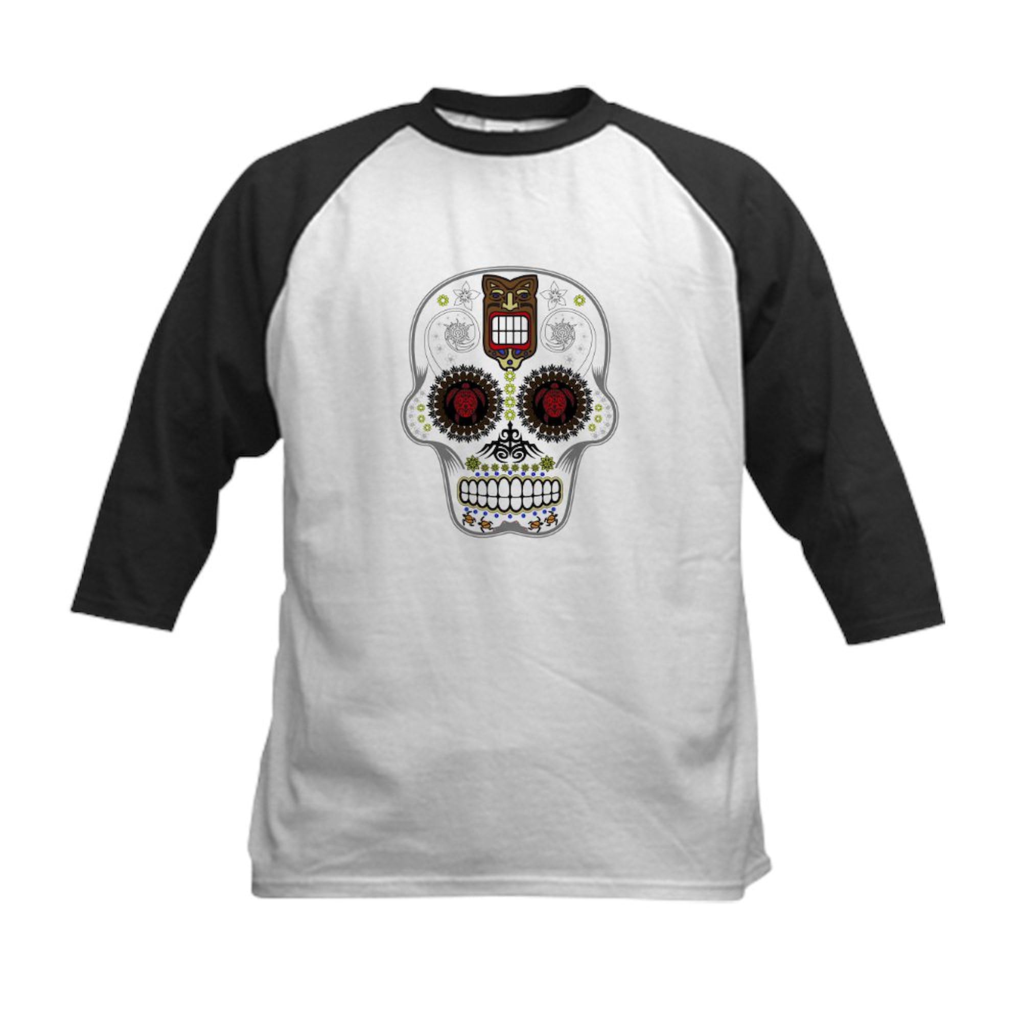 CafePress Candy Skull Hawiian Shirt Ghost Outline Baseball J Kids Cotton Baseball Jersey, 3/4 Raglan Sleeve Shirt