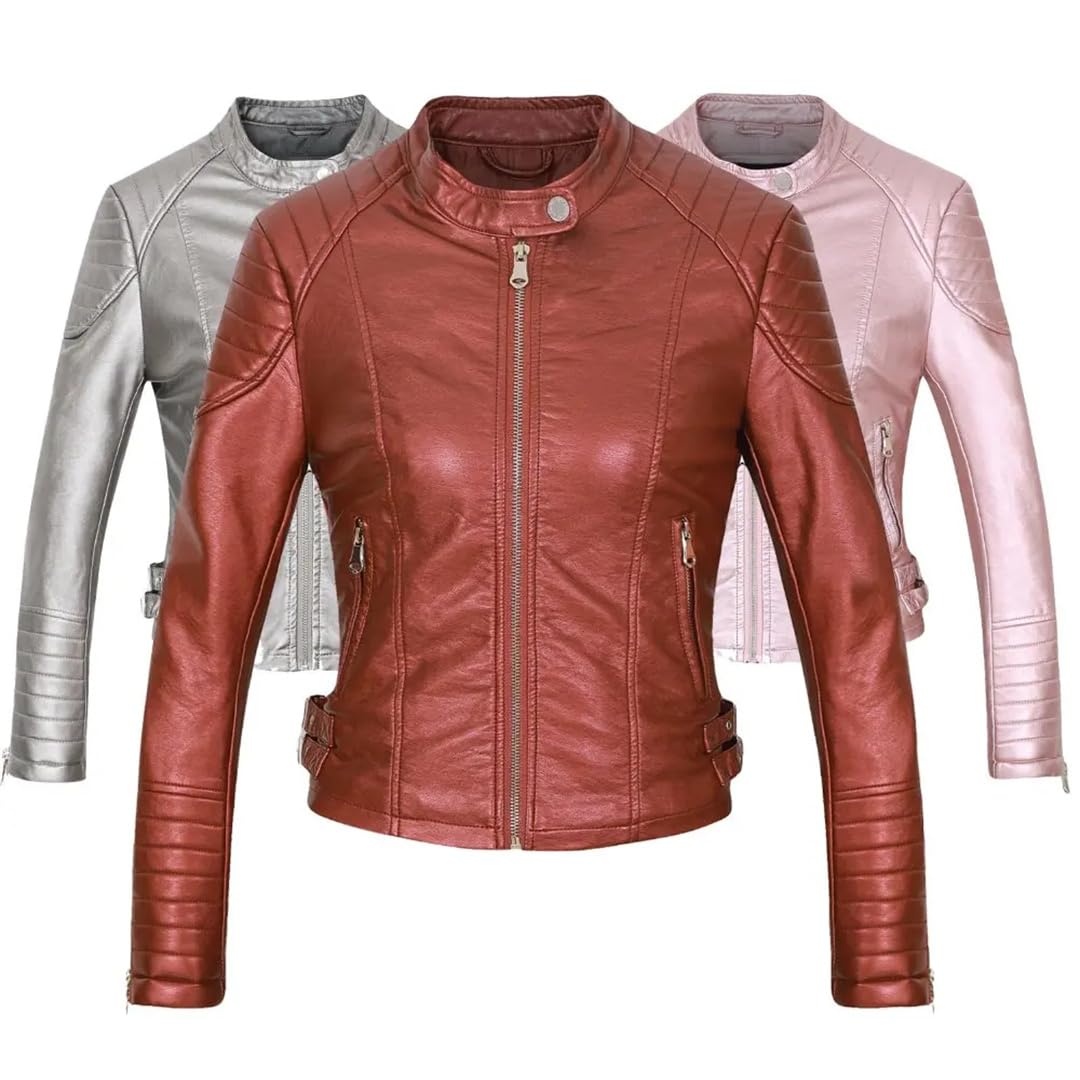 Giacca da motociclista in ecopelle con cerniera moda primavera/autunno da donna. Cappotto in pelle da moto casual