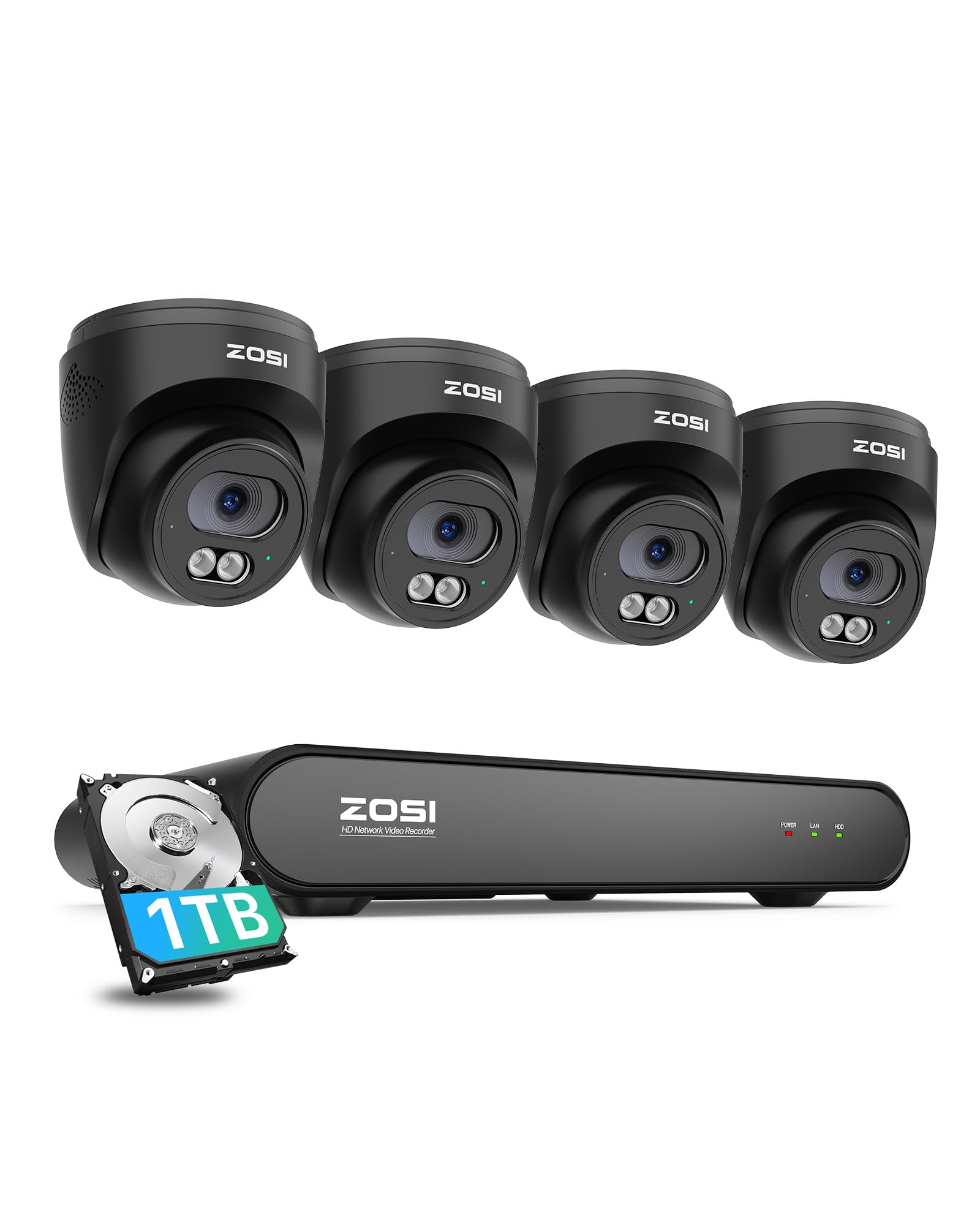 ZOSI C220 4CH 4MP QHD 2.5K PoE Home Security Camera System, 4 x 4MP(1440p) Dome IP Cameras Outdoor Indoor, Smart AI Human Detection, Two-Way Audio,