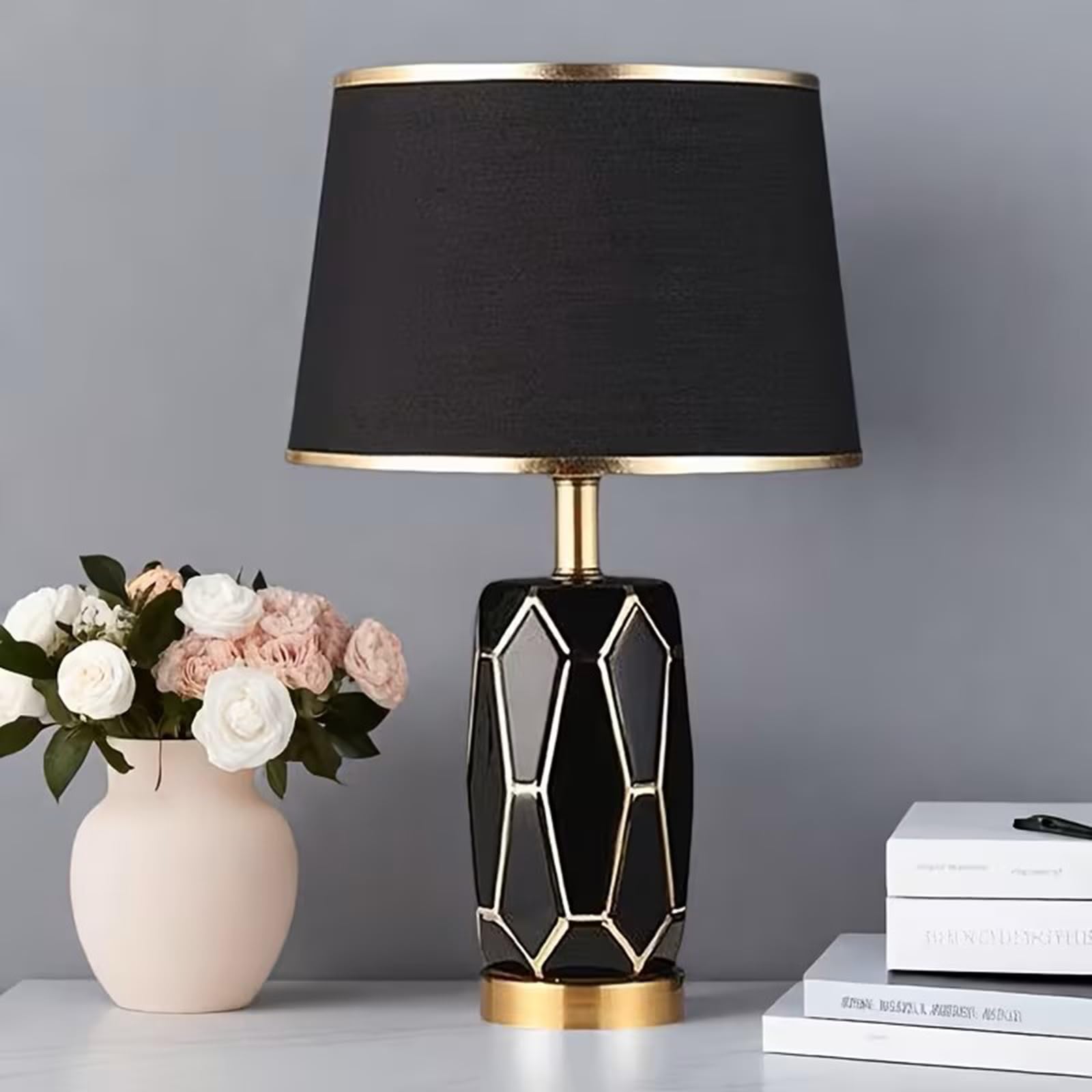 Ceramiczna Lampa Stołowa, Nowoczesna Lampa Nocna Z Abażurem Z Tkaniny Lnianej, Lampy Biurkowe Touch Z Funkcją 3-stopniowego ściemniania, Do Sypialni, Salonu, Gabinetu, E27(Black)