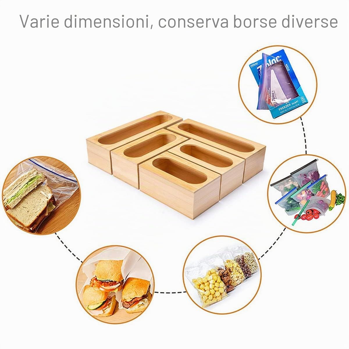 5 confezioni di organizer per sacchetti di bambù per la conservazione degli alimenti, organizer per sacchetti portaoggetti per la cucina, contenitori per cassetti compatibili con sacchetti da gallone