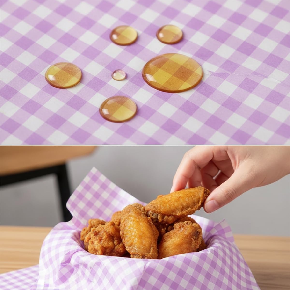 200 Pcs Purple Checkered Deli Paper 7x7 Inch, Waxed Grease Resistant Food Wrapping Sheets, Disposable Basket Liners for Burger Sandwich Bakery Party Trays