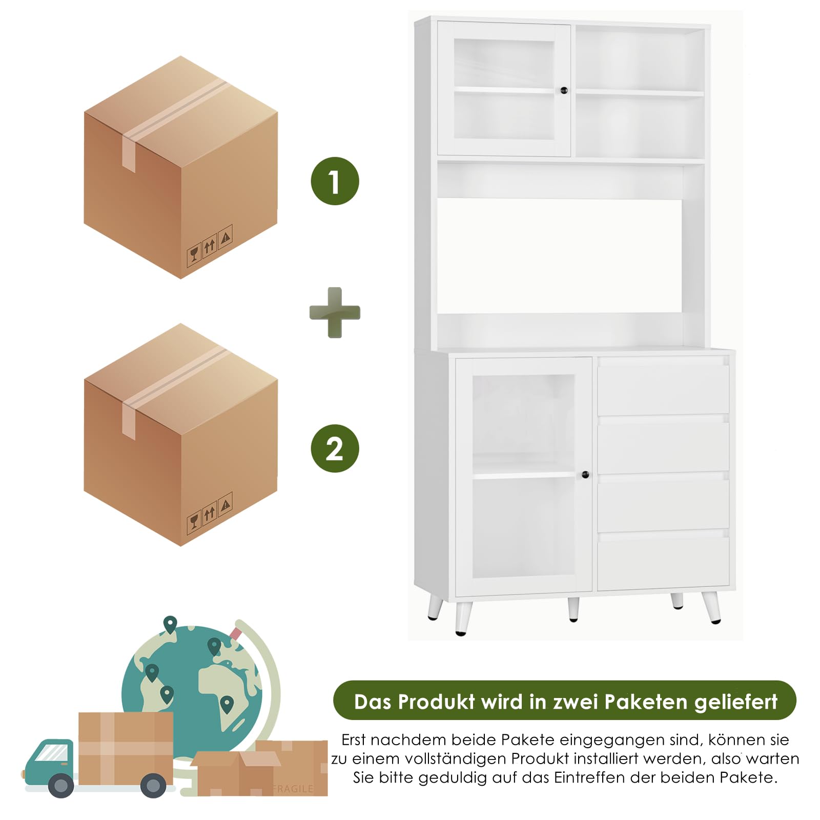 FOREHILL Küchenschrank 180 cm Buffetschrank mit Arbeitsplatte, 4 Schubladen