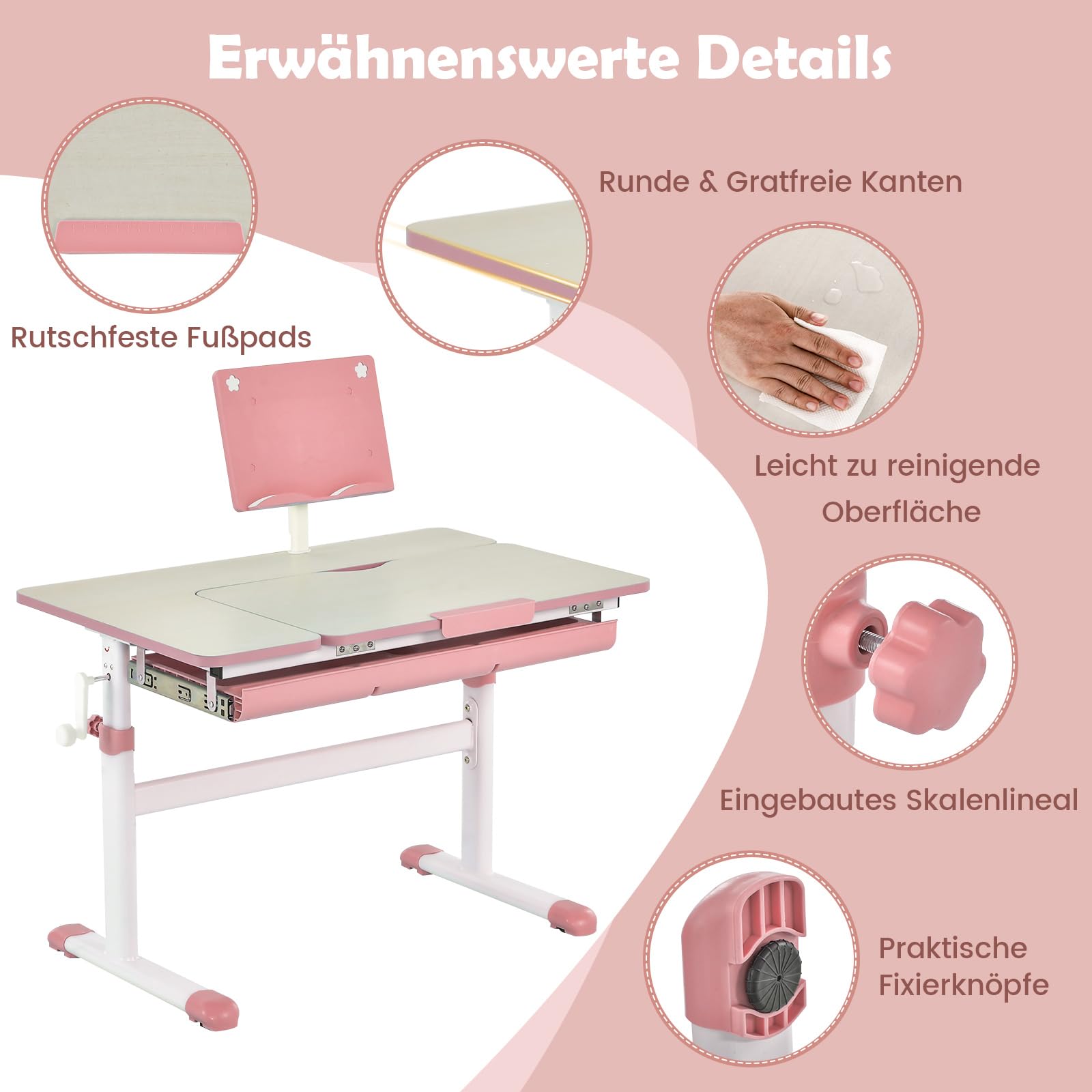 COSTWAY Kinderschreibtisch 51-73cm Höhenverstellbar, Schülerschreibtisch mit neigbarer Tischplatte, Bücherständer, Schublade & Messlineal, ergonomischer Jugendschreibtisch für 3-12 Jahre Kinder (Rosa)