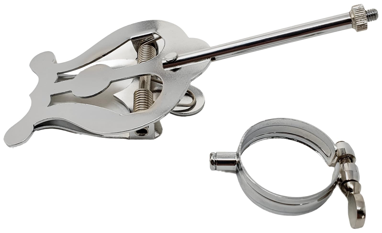 ROCKSTAR - Atril de Marcha Super para Requinto y Clarinete, R123 de Metal para fijar al cuerpo, Porta Partituras para Instrumento de Viento, con Argolla, color Plateado. Hecho en España