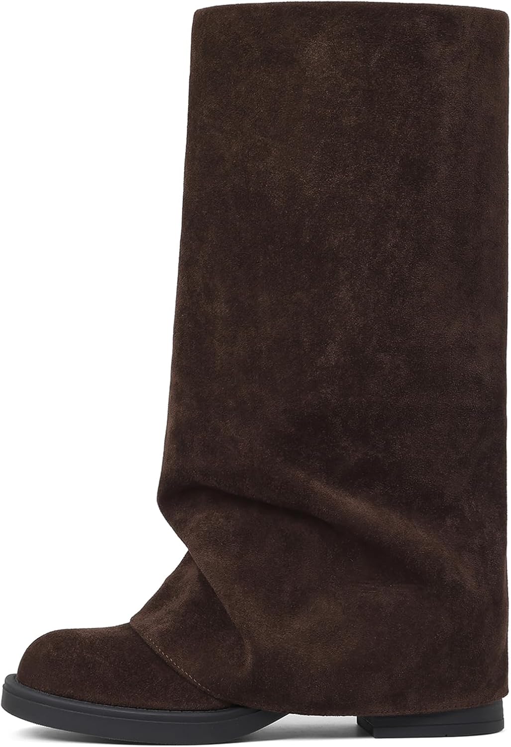 femflame Women’s Fold Over Boots Slouchy Wide Calf Pleated Platform Black Boots Round Toe Chunky Stacked Riding Biker Boots Mid Calf Boots