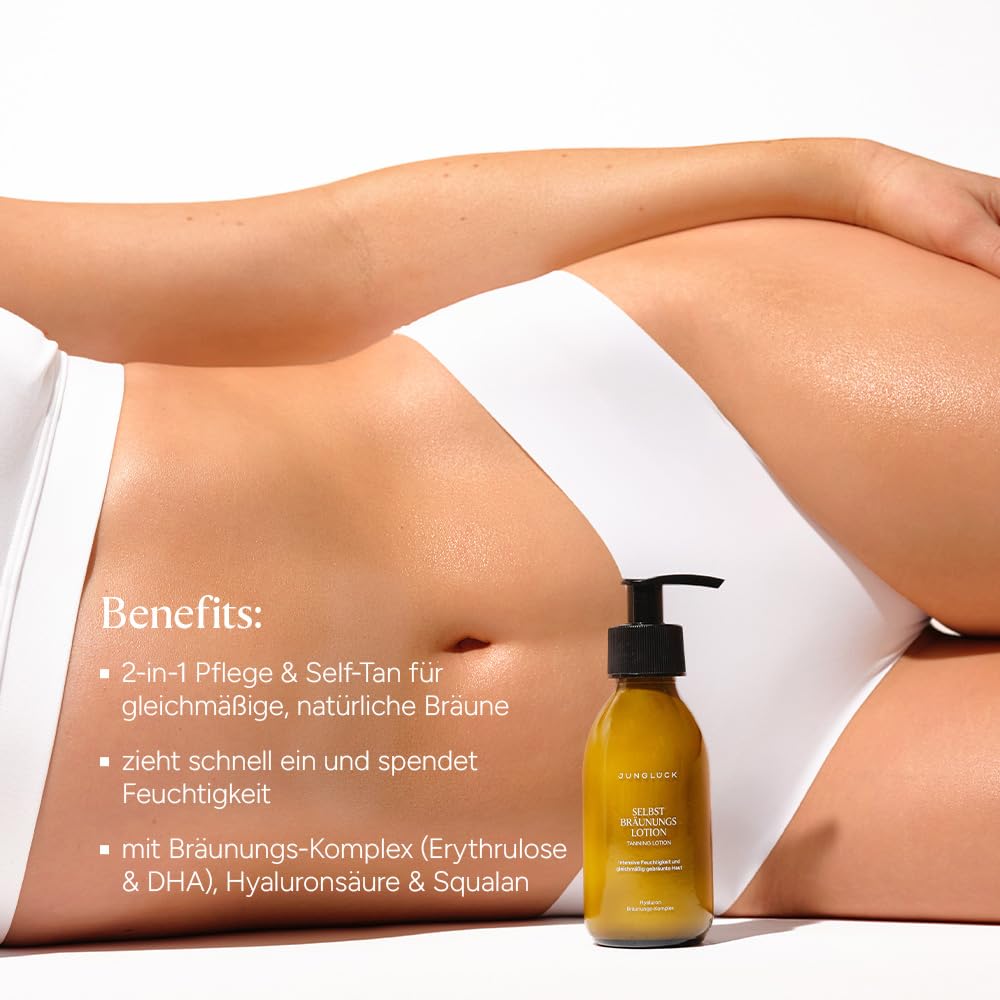 JUNGLÜCK Selbstbräunungslotion | Selbstbräunende Hautpflege für natürliche und gleichmäßige Bräune - Selbstbräuner Body Lotion spendet intensive Feuchtigkeit mit Hyaluron & Squalan