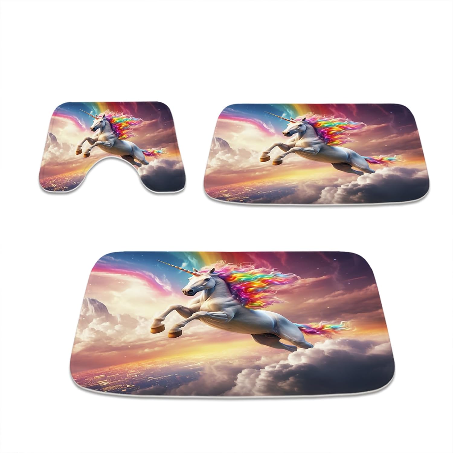 Horse Cloud Rainbow Bath Mat Non Slip Bathroom Rug Clear Retro Bathroom Decor Kitchen Rugs Imitation Cashmere Rug with Rubber Backing Absorbent Door Mats (20x32 + 16x24 + 16x20 in)