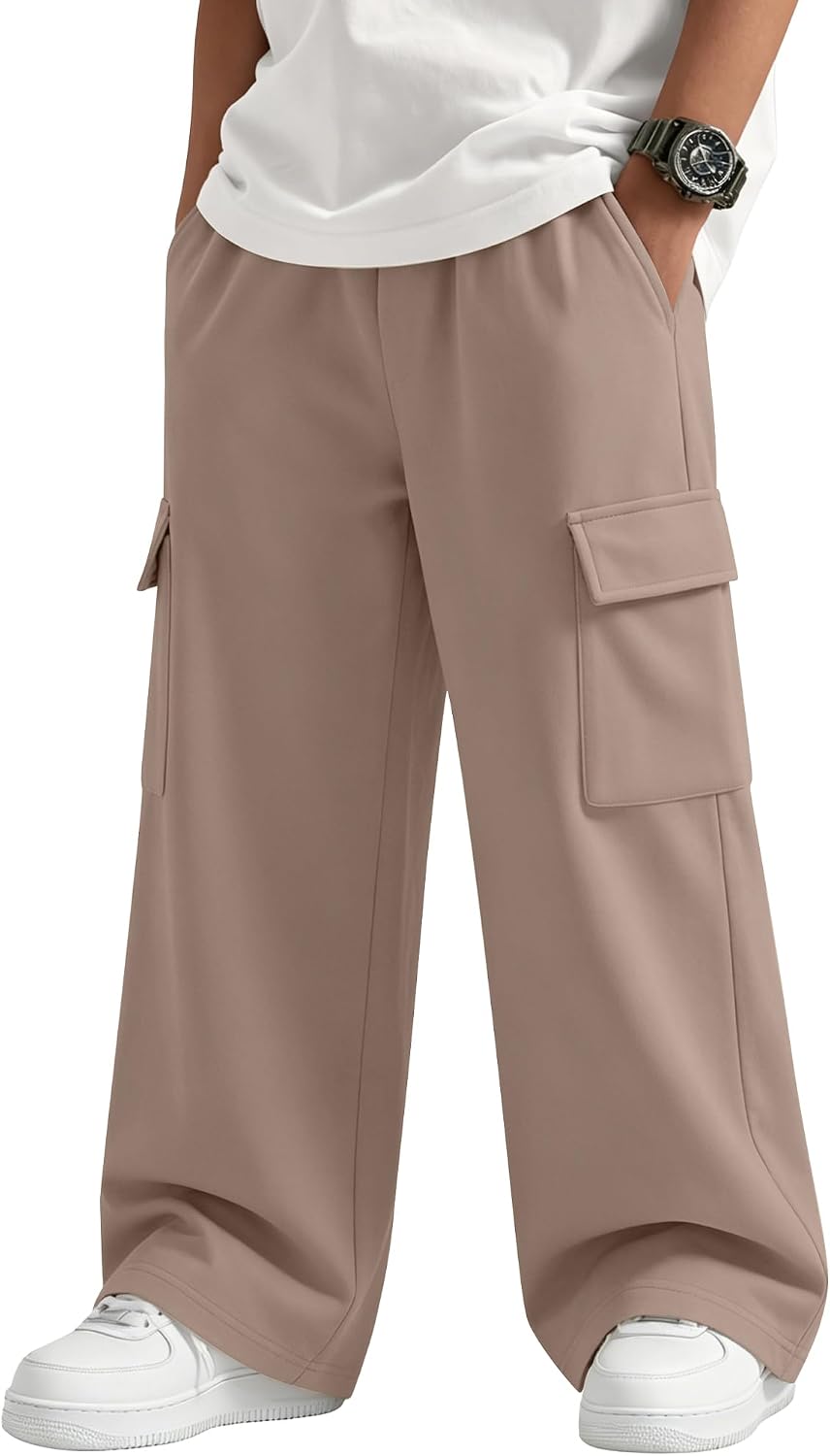 Boy's Cargo Sweatpants Baggy Wide Leg Pants Elastic Waist Open Bottom Joggers Casual Trousers with Pockets