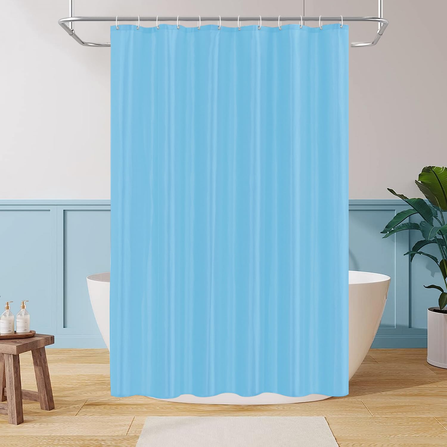 LUKDUNG 180 x 220 cm Polyester Textile Shower Curtain Anti-Mould for Bathroom, Curtain for Bathtub Shower Made of Fabric Waterproof Washable Shower Curtain with 12 Hooks Blue