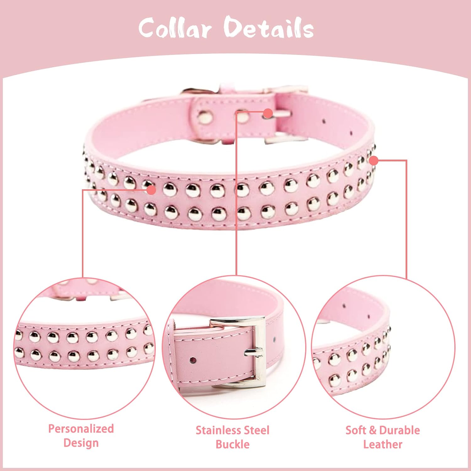 BINGPET BA2006 Adjustable Dog Real Split Leather Studded Pet Dog Collar, Durable Doggy Collars for Small Medium Large Dogs - Pink M