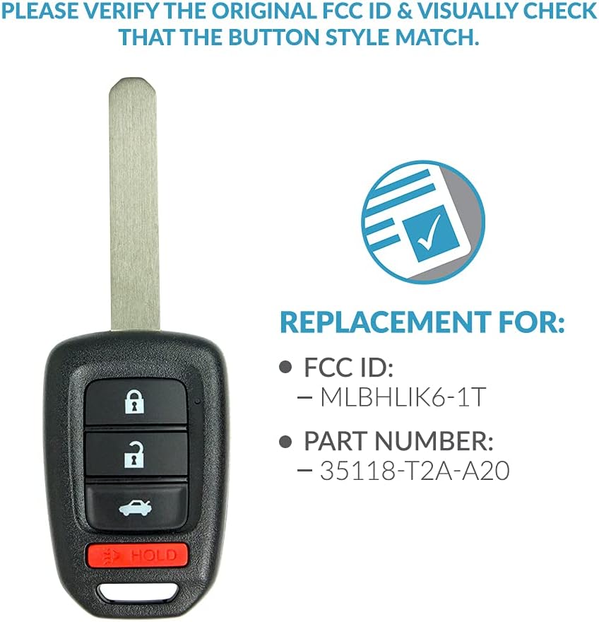 Keyless2Go Replacement for Keyless Entry Remote Car Key Fob for Select Honda Accord & Civic Vehicles
