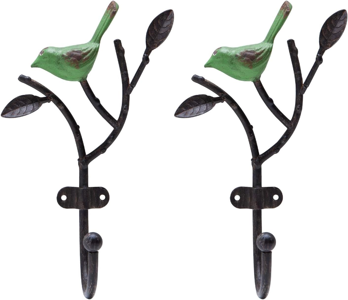 2 Packs Coat Hooks Wall-Mounted Hanging Metal Rack, Heavy Duty Tree Branch & Birds Key Holder, Vintage Farmhouse Coat Hooks for Towels, Hats, Scarves - Green