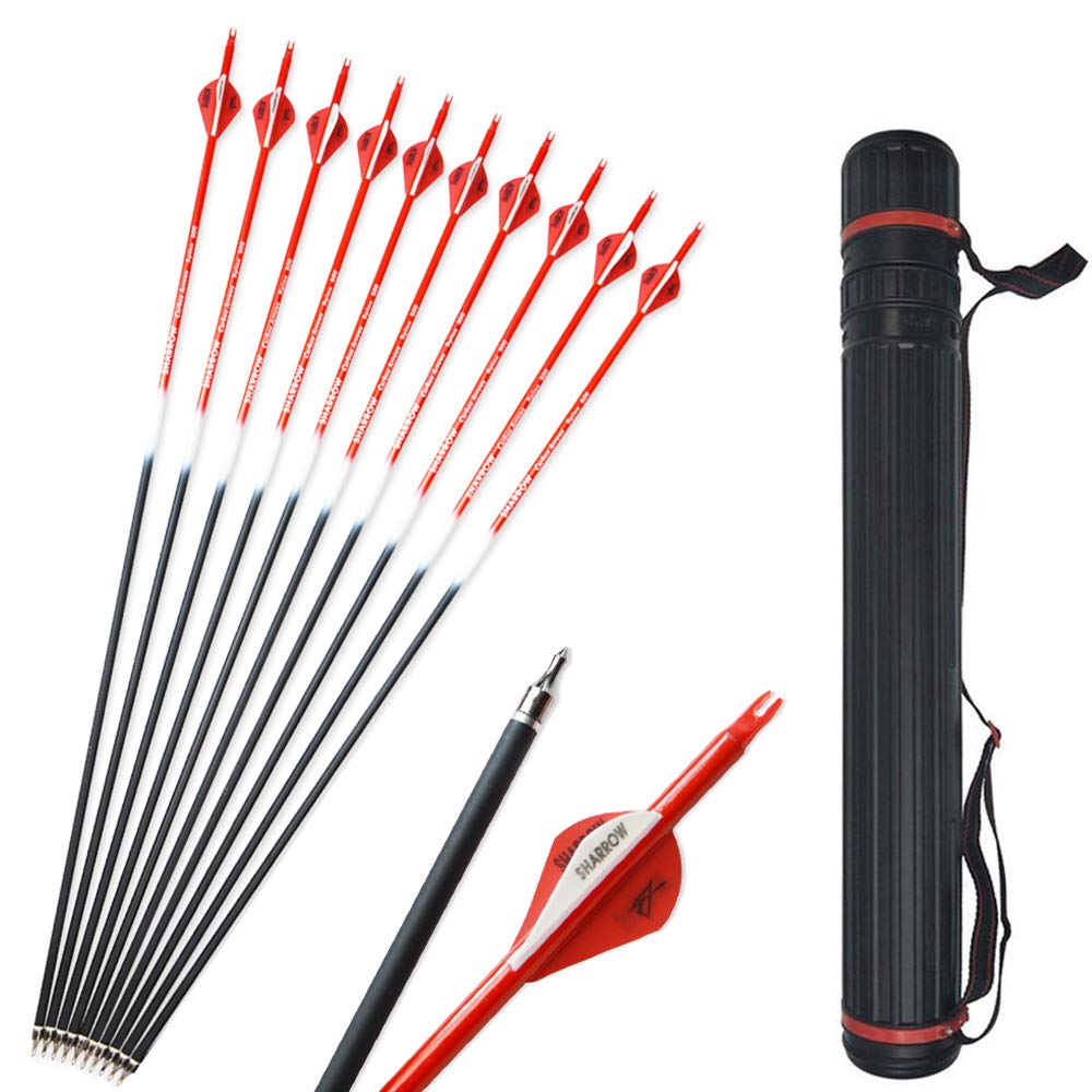 12pcs Archery Carbon Arrows 30 inch Hunting Target Arrows 500 Spine with Arrow Quiver for Recurve Compound Bow Shooting (Red+Quiver)