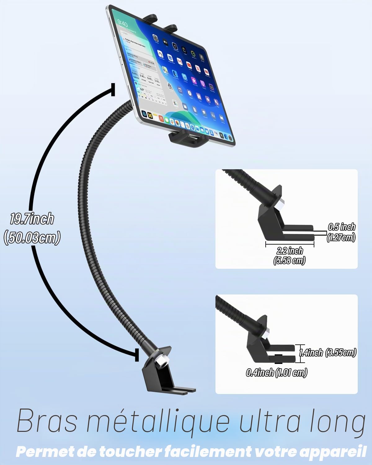 Support Tablette Camion Siège Rail avec Bras col de Cygne de 19,7" de Long, Porte Tablette Rail siège Voiture, pour iPad, Sumsung Tab, Sony Autre 4.7-12.9" Telephone et Tablette
