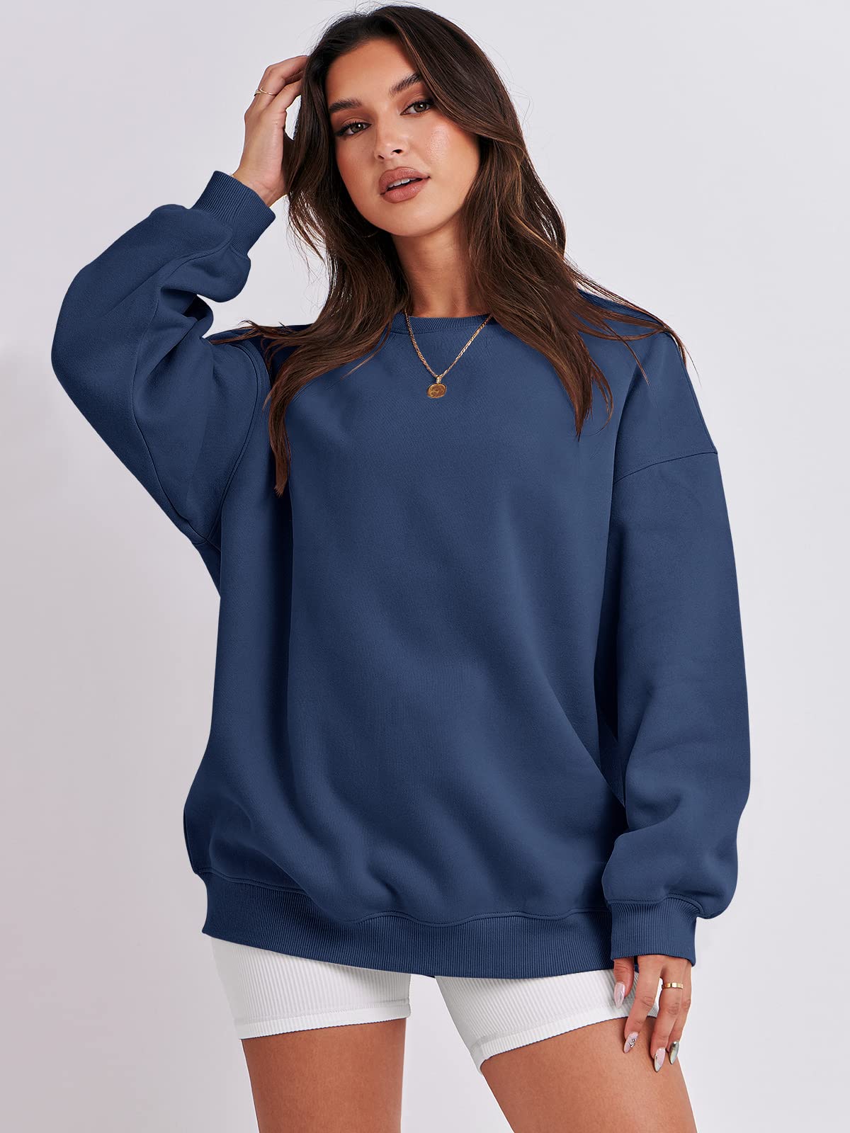 Damskie bluzy oversize bluzy z kapturem polar okrągły dekolt sweter top codzienne jesienne stroje preppy ubrania nastolatki 2024 A1019 światło, Jeden kolor, Navy Blue_XL