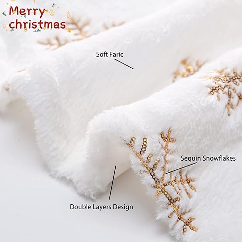 Miniatura 66 de Falda de árbol de Navidad de 48 pulgadas, falda de árbol de piel sintética de lujo con copos de nieve dorados y lentejuelas, alfombrillas grandes