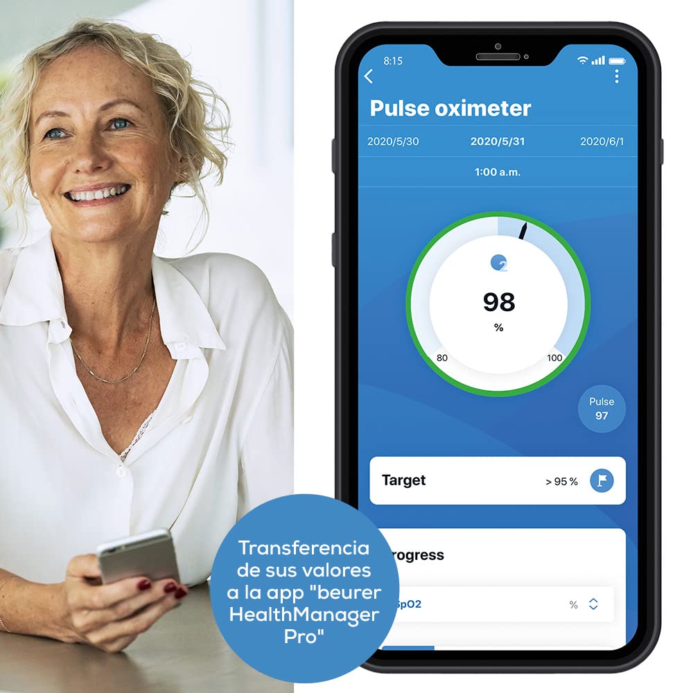 Beurer PO 60 Pulsioxímetro con Bluetooth, Oxímetro con Bluetooth, determinación de la saturación arterial de oxígeno en sangre, medición indolora y pantalla a color de fácil lectura