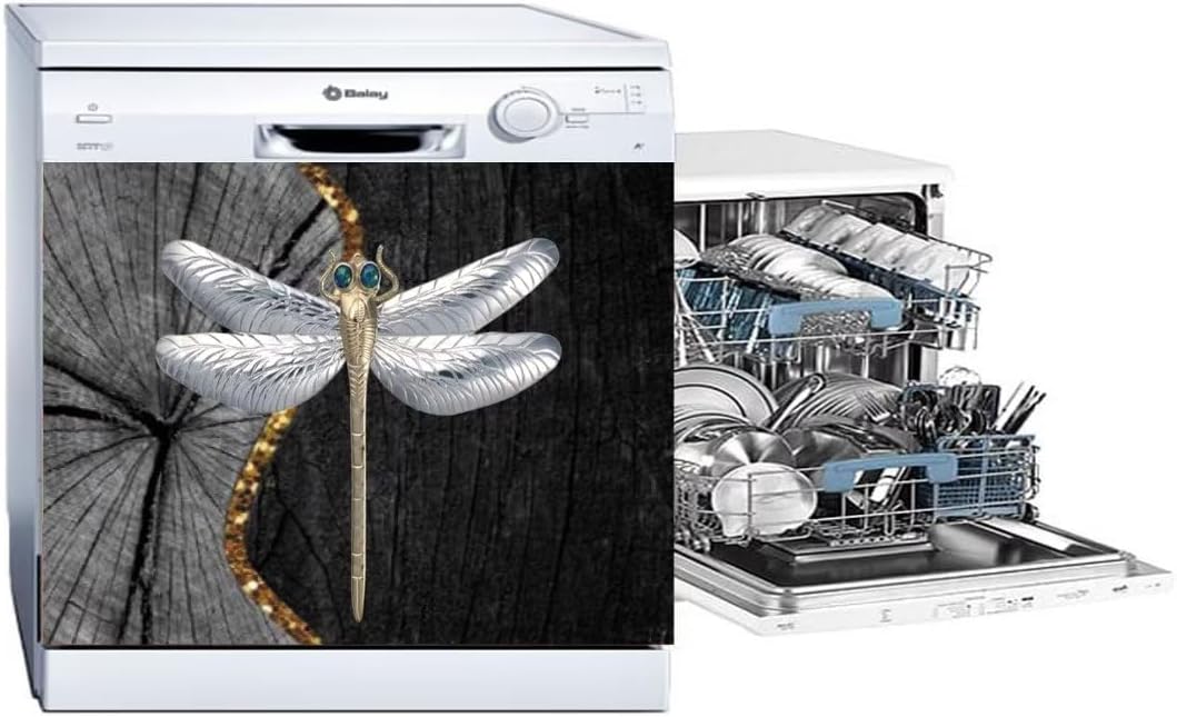 Silver Stainless Steel Dragonfly Dishwasher Cover Skin Panel, Wood Texture Abstract Kitchen Decor Refrigerator Sticker, Dragonfly Vinyl Decal, Ordinary 23" x 17"