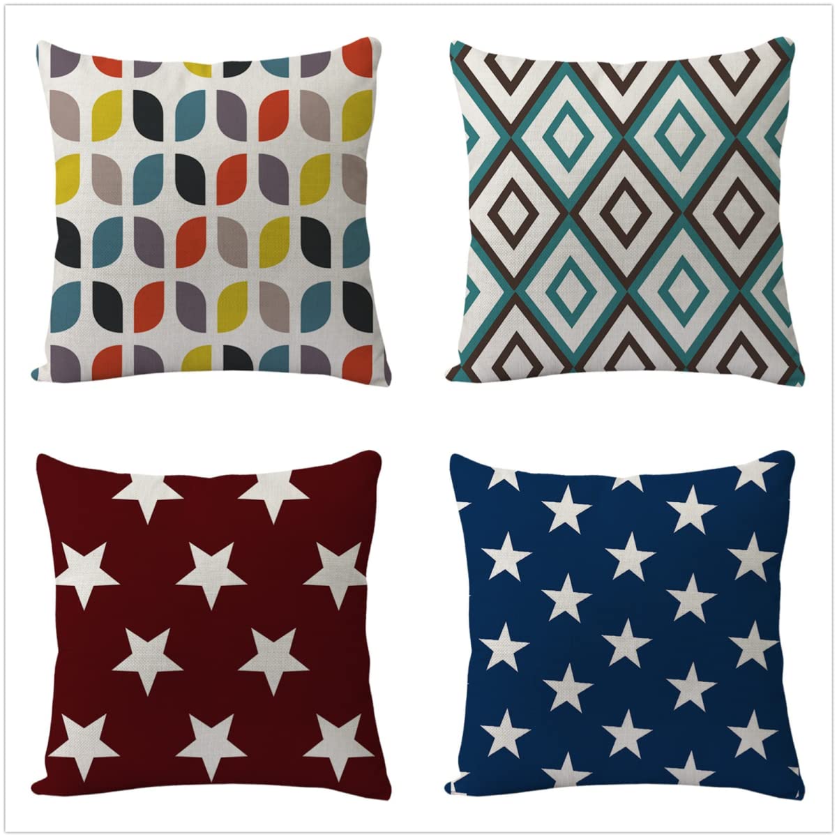 Fundas de Cojines 45x45cm Juego de 4 Geometría de color Doble Cara Lino Cuadrado Geométrico Funda Cojin, con Cremallera Oculta Fundas Cojines para Sala de Estar Jardín Coche Cojines Decorativos J-1911