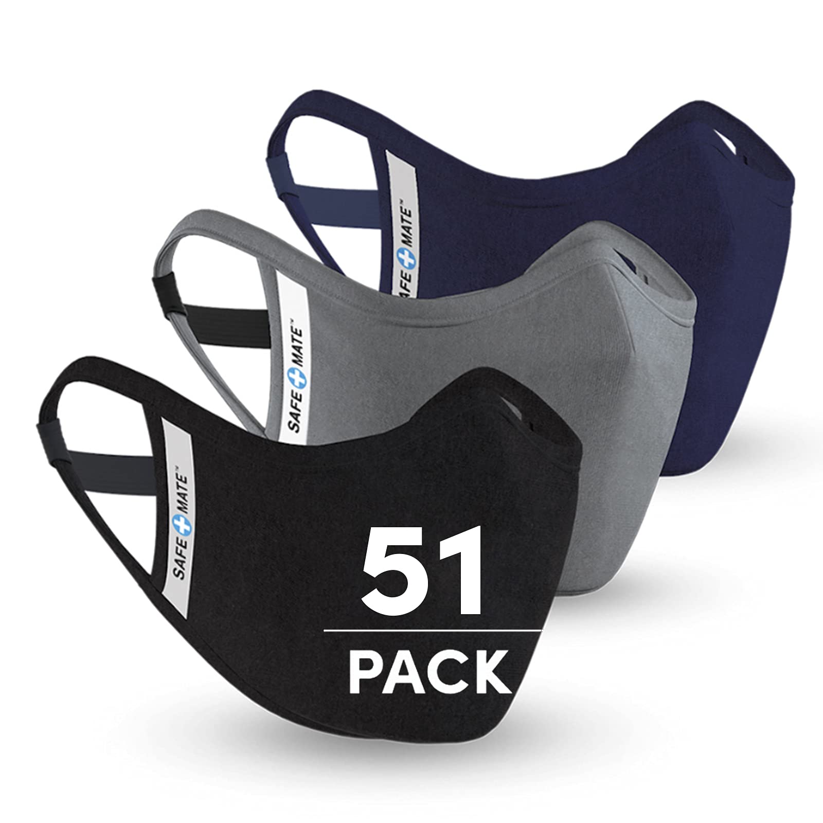 Safe+Mate x Case-Mate - Cloth Face Mask (51 Pack) Washable & Reusable - Adult L/XL - Cotton - Includes Filters - Black/Navy/Gray