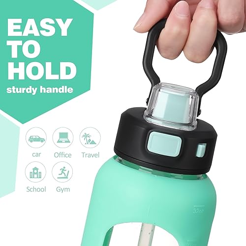 Miniatura 4 de BLUEGO Botella de agua de vidrio de 32 onzas con pajilla, botellas de agua motivacionales con marcador de tiempo y funda de silicona, botella de