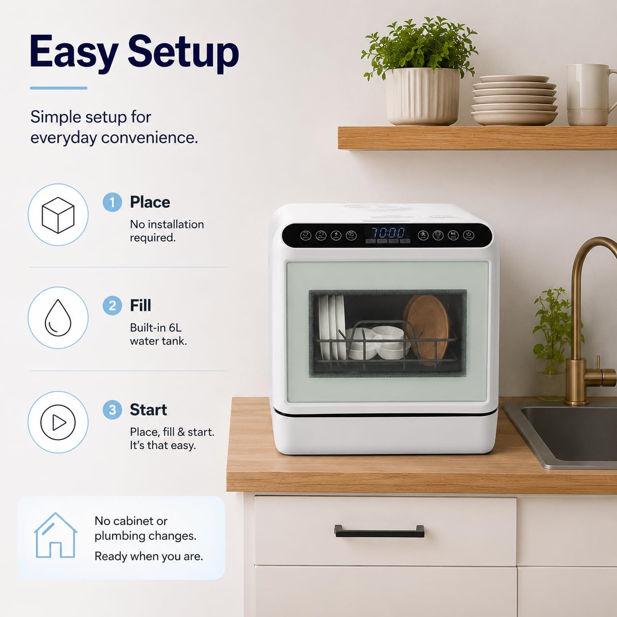 Lavastoviglie da tavolo per 4 – 6 coperti, 6 l, serbatoio dell'acqua integrato, mini lavastoviglie con senza collegamento dell'acqua, 4 programmi di pulizia, touch control e display a LED