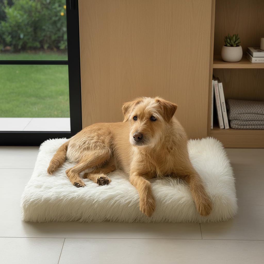 IHAPPYDOG Luxury Faux Fur Orthopedic Dog Beds, Memory Foam Crate Bed for​ Small, Medium, Large and XL Pets, Fluffy Pet Bed with Waterproof ​and ​Washable Cover, Fits Crates (White, 35" x 23")