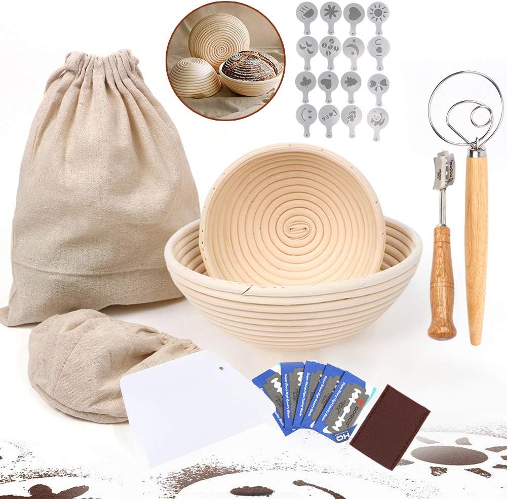 29 pieces Banneton Proofing Bread Basket-Sourdough Baking-10" and 9"Fermented Bowl/Danish Dough Whisk Bread Mixer/Lame Slashing Tool/Dough Bowl Scraper/16pcs Bread Stencils/Cloth Liner/Storage bag